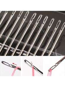 12pcs Stainless Steel Large Eye Sewing Needles, Stainless Steel Easy Thread Side Hole Sewing Needles, Hand Stitching Pins For Seniors, DIY Home Craft Supplies, Stitching Pins,Handmade Yarn Knitting Needles With Leather Needle And Storage Tube