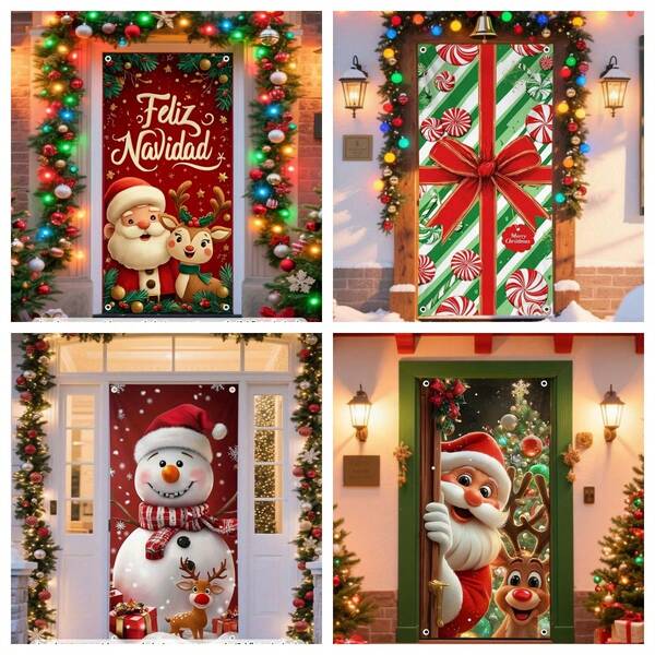 1 pezzo Copertina per porta natalizia - Decorazioni natalizie allegre con Babbo Natale carino e pupazzo di neve renna - Sfondo invernale di Natale per feste all'aperto e in casa - 35*71 pollici