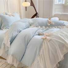 Aesthetic Girls Twin Comforter Cover Set, Romantic French Princess Style Ruffled Duvet Cover With Lovely Bow And Zipper Closure - Pink, Twin Size - 藍色 - 查看 4