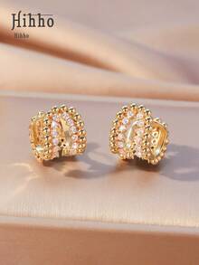 Hihho 1 Pair Luxury Cubic Zirconia Geometric 3D U-Shaped Earrings, Fashionable & Elegant Jewelry Gift For Women - Double U-shaped - View 5