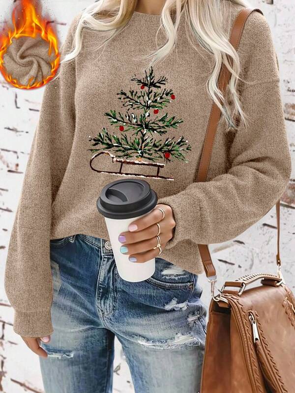 Christmas Tree Print Women's Casual Fashion Elegant Imitation Sweater Hoodie Top, Exquisite Party, Family Comfortable Party, Daily Casual Wear, Christmas, Christmas Clothing, Christmas Women's Clothing, Christmas Gifts, Gifts For Mother, Machine Washable, Soft And Comfortable Fabric, Warm Inner Wear, Thanksgiving Gifts, Halloween Gifts, Fall Women Outfits, Warm Clothes, Cold Weather Clothes, Going Out Tops, Patterned Tops ﻿