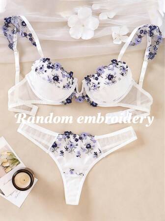1 Set Floral Embroidered Mesh Lingerie Set – Underwire Bra & Panty