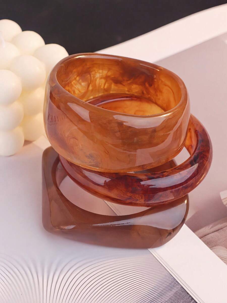 3 件套休闲亚克力手链套装，优雅简约染色手镯组合，适合日常佩戴和度假，咖啡色 - 咖啡 - 查看 1