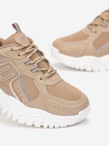 Soft Casual Sneakers Women's Flat Thick Sole Metal Accent Sport Spring/Fall - Khaki - View 5