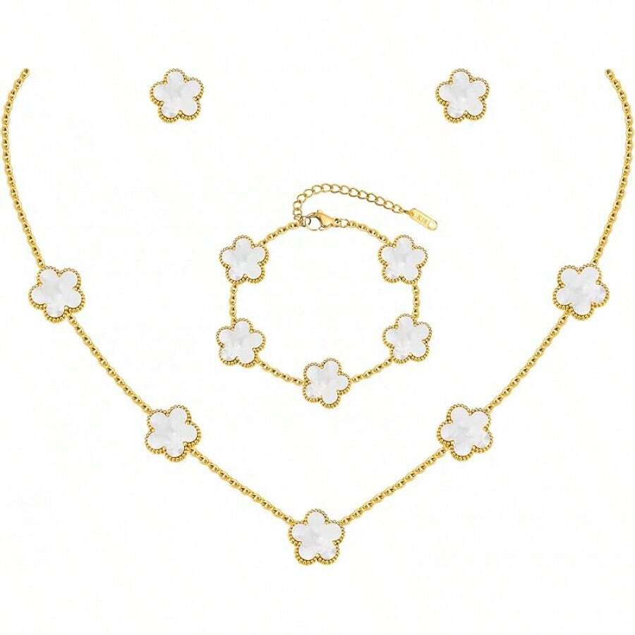 Gold Bracelets Earring Set - 18K Gold Plated Flower Bracelet Chain,Stainless Steel Non Tarnish Floral Pendant Stud Jewelry Sets,Birthday Lucky Mom Wife Daughter Girlfriend - 白色 - 查看 1