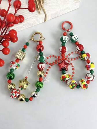 1個 クリスマスビーズ リボン ノット ペンダントキーチェーン、スマートフォン、車のキー、バッグなどに適しています