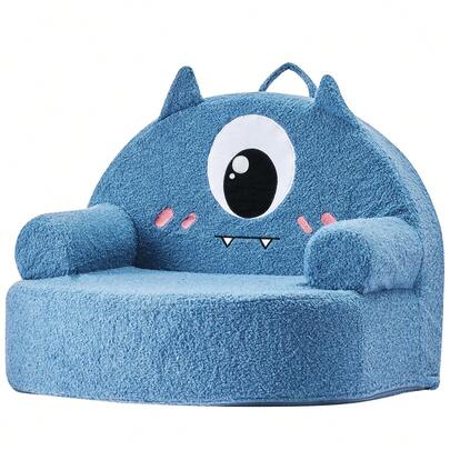 Kids Chair Comfy, Monster Style Foam Toddler Chair With Armrests, Movable & Washable Kids Sofa Made Of 28D Sponge & Teddy Plush For Playroom, Bedroom, Living Room, Ideal Present For Child, Blue