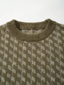 男士休闲复古提花针织套头毛衣，轻薄圆领长袖针织衫，秋冬季 - 綠色 - 查看 4