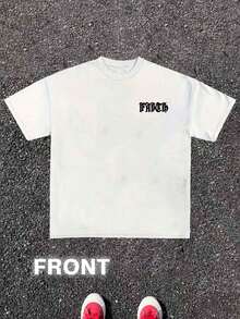 Dark, Gothic Style Pattern T-Shirt - Loose Crew Neck, Printed With The White Word "FALLEN". In The Middle Is A Printed Image Of A Judgment Angel With Wings And Holding A Sword. It Is Simple Yet Unique, Machine Washable, In A Fashionable Street Style, And A Durable Daily Wear. - White - View 3