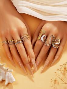 1pc Elegant Hollow Geometric Streamlined Open Stainless Steel Ring, Versatile Multi-Element Band, 18K Gold Vacuum Plating, Waterproof Accessory For Women, Party Wear