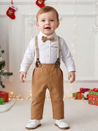 BOARNSEORL 男婴绅士套装 - 白色长袖衬衫配蝴蝶结和卡其色背带裤，时尚百搭，适合生日派对、正式场合、婚礼、庆典等。