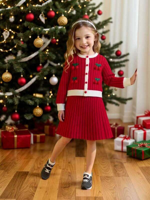 2pcs Young Girl Fashion Casual 3D Fruit Waffle Knit Long Sleeve Cardigan And Elastic Waist Striped Mini Skirt Set, Suitable For Daily Wear, Spring/Autumn