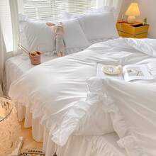 Chic Ruffle Lace Polyester Duvet Cover Set - Girl White Bedding - 2 Piece Twin Comforter Duvet Cover With Zipper Closure - Ultra Soft And Lightweight (White, Twin) - NO Comforter Included - 白色 - 查看 7