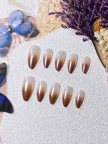 10 móng tay giả thủ công màu hạnh nhân ombre cực quang hiệu ứng gương dễ thương tối giản sang trọng - Nhiều màu - Xem 3