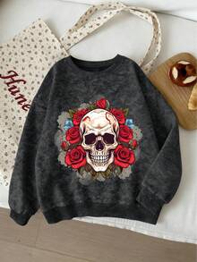 Tween Girls Rose Skull Pattern Round Neck Long Sleeve Sweatshirt, Casual Pullover, Suitable For Daily Wear - Black - View 9