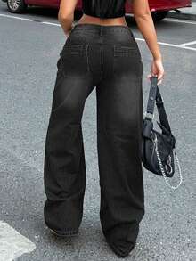 女士宽松直筒男友风牛仔裤，复古休闲黑色春季款 - 黑色 - 查看 8