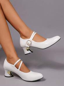 Geeyea A Pair Of Women's High Heels, White Patent Leather Double-Strap Pearl Buckle Thick-Heeled Mary Jane Shoes, Retro French Style, Elegant And Versatile Women's Shoes For Dating Weddings And Parties - 白色 - 查看 4