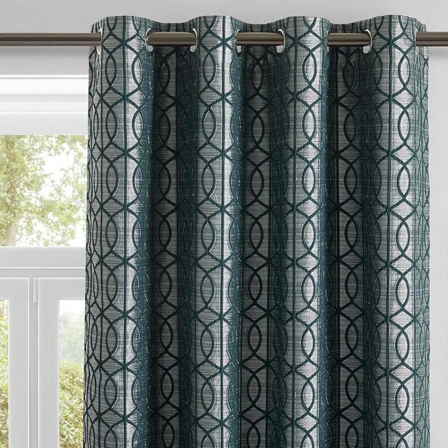 Beige And Black% Blackout Geometric Pattern Curtains, 52 Inch Wide 96 Inches Long 2 Panels, Thermal Insulated Noise Reducing Anti-Rust Grommet Drapes Bedroom Living Room,, Modern Style, Energy-Efficient - 森林綠和銀色 - 查看 1