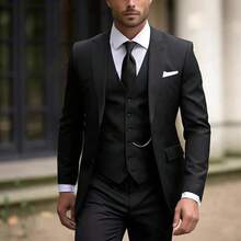 Men's Suit Set - New Arrival Business Casual Elegance Banquet Host Slim-Fit Light Luxury Suit - 黑色西裝+馬甲+西裝褲 - 查看 5