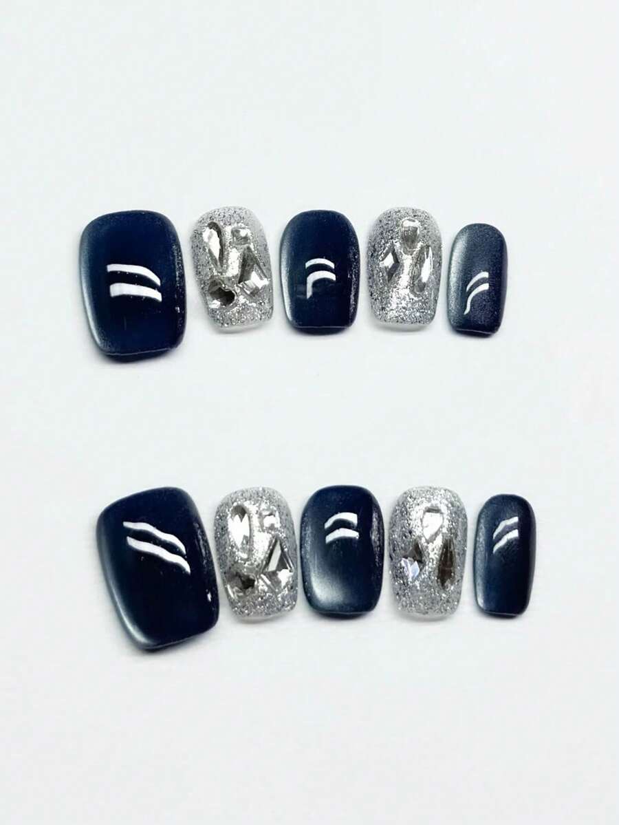 10 pezzi di unghie finte corte di stile vintage, in stile vintage a quadri, con occhio di gatto e diamanti, con brillantezza esplosiva e effetto sbiancante per la pelle, adatte per donne e ragazze, per feste autunnali e invernali, e per uso quotidiano