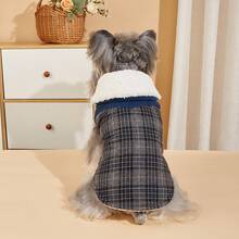 1 pezzo Giacca termica per animali domestici in misto lana con motivo a righe e patchwork, adatta per gatti e cani di taglia piccola/media, autunno/inverno - Blu - Visualizzare 2