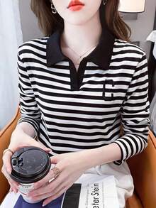 Camiseta de base de cuello polo a rayas de moda para mujer, ajuste ceñido, versátil, manga larga, primavera/otoño