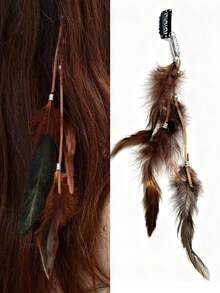 3pcs Snap Button Artificial Feather Boho Style Feather Tassel Hair Clips, Suitable For Women's Daily Use, Hair Slide, Hair Barrettes