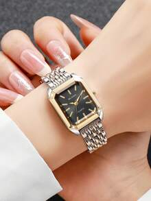 2pcs/Set Women's Luxury Petite Square Dial Stainless Steel Band Quartz Wrist Watch, Fashion Minimalist Stylish - Multicolor - View 2
