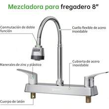 Mezcladora para Fregadero, Llave para Fregadero de Cocina Flexible, Grifos para Cocina, Grifo de Cocina con Dos Asas, Grifo de Cuerpo Principal de Latón, Acabado Cromo Espejo, SP-80082 - Cromo Espejo - Ver 5