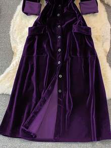 女士复古腰袋单排扣丝绒开衫连衣裙，秋冬优雅春季款 - 紫色 - 查看 3
