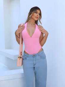 Women's Bodysuit, Plunging Neckline, Polyamide, Halter Neck, Multi-Shape – Elegant Blogger Fashion - Baby Pink - View 2