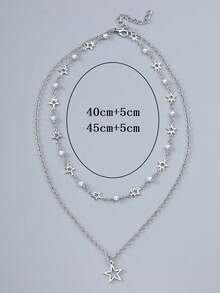 1入組銀金屬手工鏈條帶太陽和月亮吊墜多層項鍊