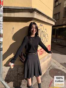 Women's Cotton Long Sleeve T-Shirt, Loose Fit Mid-Length Black Top, Layering Tee For Autumn/Winter