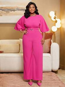 NOU Women's Fashionable Elegant Casual Party Jumpsuit, Women's Long Solid Color Jumpsuit With Waist Decorative Button + Ruffle Hem Design, Loose Straight Leg, Suitable For New Year, Wedding, Holiday, Office, Daily, Party, Graduation, Spring/Autumn, Spring Outfit, Women's Casual Suit, Women's Graceful Matching Set, Women's Resort Wear - Hot Pink - View 1