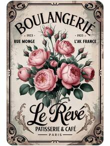 Vintage Parisian Bakery Roses Boulangerie Tin Sign, Vintage French Patisserie & Cafe Metal Sign Print Aesthetic Room Decoration For Home Bedroom Kitchen Bar Dorm Bathroom Wall Decor 8 X 12 Inch - 1 - 查看 10
