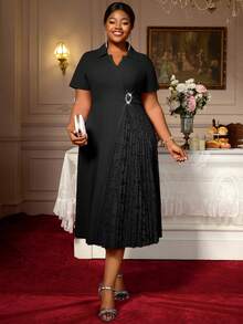 Black Turn Down Collar A Line Dresses Lace Patchwork Short Sleeves Work Business Party Fashion Curve Women - màu đen - Xem 6