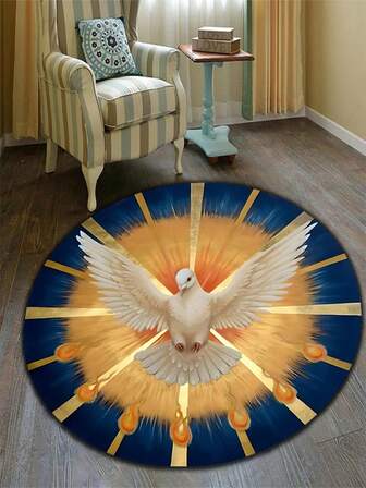 1pc Round Carpet With Holy Spirit Pattern, Washable Polyester Fiber Floor Mat, Suitable For Living Room, Bedroom, Kitchen, Dining Room, Dorm, Large Area Rug, Outdoor Rug