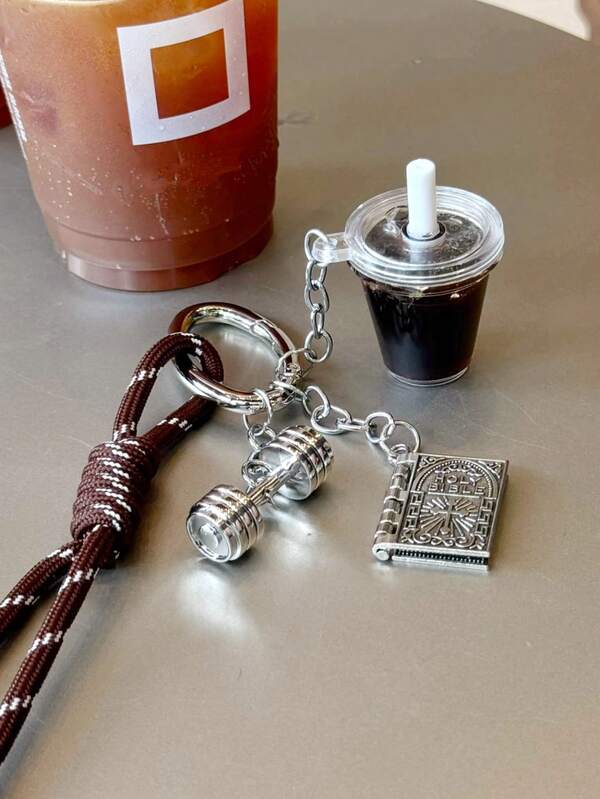 Eiskaffe Americano, Hantel, Buch, Geflochtene Seil Taschenbaumler, ein Set von 3 Schlüsselanhängern, Schlüsselanhänger für Damen und Herren, abnehmbar, perfekte Wahl für Fitnessenthusiasten, ideales Geschenk für Unisex, geeignet zum Dekorieren von Rucksäcken, Schlüsseln