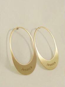 1pc Personalized Customized Name, Laka Luka Design "Oval" Earrings, Hand Stamped Large Oval Hoops, Personalized Earrings, Custom Gold Oval Earring. Statement Earrings. Fashion Accessories Paired With Clothing, Fashionable Stainless Steel Earrings. - Gold - View 6