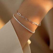 2 Pieces Minimalist Fashionable Chain Bracelet, 18K Gold Plated And 925 Silver Plated - 銀色 - 查看 2
