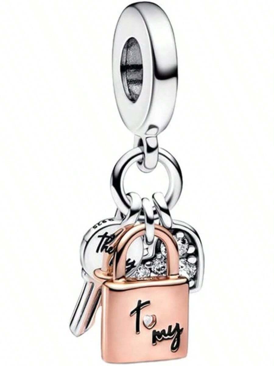 Jewelry Movie Heros Character Charms Women Bracelets And In 925 Sterling Silver,Mother's Day Birthday - 雙色鑰匙掛鎖心型三重吊飾 - 查看 1
