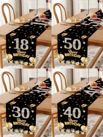 1pc Black Gold Happy Birthday Table Runner Tablecloth, Happy 18th 30th 40th 50th Birthday Table Flag, Black Gold Balloon Theme 18th Birthday 30th Birthday 40th Birthday 50th Birthday Party Gift Decoration Supplies, Anniversary Decorations Tablecloth, Birthday Home Decor Room Decor Polyester Table Cover Decoration, Birthday Party Decorations, Table Center Decorations, Birthday Gifts Party Favor