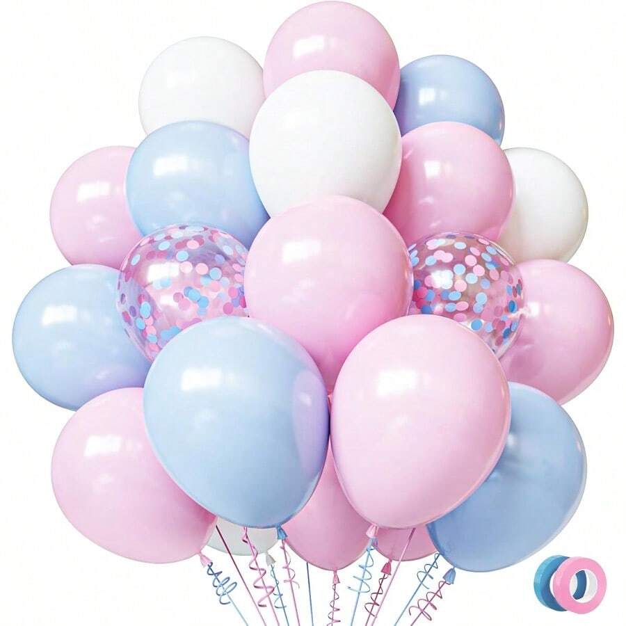 Pink And Blue Balloons 50pcs 12 Inch Pink White Blue Balloons With 65ft Ribbon For Gender Reveal Baby Shower Birthday Bridal Shower Wedding Party Decorations Supplies Perfect For Celebrating Milestone Events With Vibrant Colorful Balloon Arrangements And Elegant Ribbon Accents