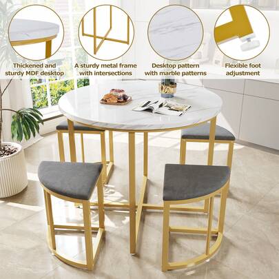 Dining Room Set With Table And Four Chairs, Dining Room Set With MDF Top And Gold Plated Iron Frame, Velvet Chair, Modern Luxury Tables And Chairs, Gray