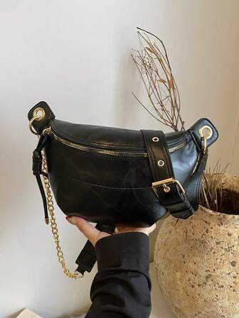 Women's Fashion Chain Chest Bag, PU Material, Zipper Closure, Portable Pouch To Carry Phone, Waist Bag, Solid Color Simple Style, Crossbody Bag For Shopping, Dating, Outing, Compact Size