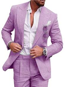 Costumes For Men New Men's Plus Size Two-Piece Suit Set Single-Button Linen Solid Color Suit - 淺紫 - 查看 8