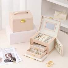 KYPHIREL 3-Layer Handheld Double-Door Jewelry Box With 2 Drawers, Faux Leather, Large Capacity Jewelry Display Box Suitable For Bracelets, Earrings, Rings, Necklaces, Holiday Gift For Women Friends - Multicolor - View 4