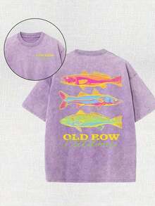 Casual Summer Washed Cotton T-Shirt [Old Row Outdoor] Fish Print, Round Neck, Short Sleeves, Lightweight Cotton Knitted Fabric, Casual Summer Round Neck Shirt| Rib Details. - 紫色 - 查看 11