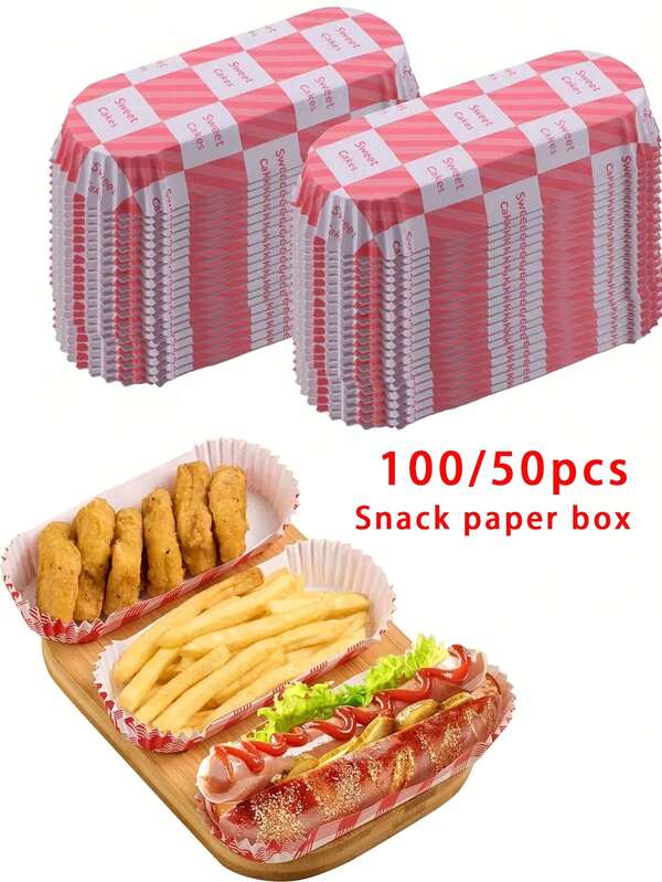 100/50 piezas Bandejas desechables de papel a cuadros rojos y blancos con borde en rejilla para perritos calientes, fiestas de cumpleaños, fiestas de Navidad, bodas, campamentos, food trucks y eventos al aire libre | Bandejas apilables | Bandejas de papel desechables para Halloween, Navidad y fiestas