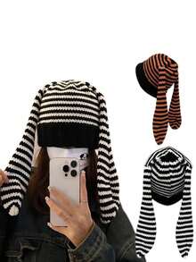 针织帽女士新款秋冬季保暖内衬加厚百搭针织帽大头围毛线帽保暖护耳冷帽字母波西米亚休闲优雅复古街头派对涤纶贴布毛线帽秋冬季